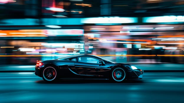 Side view tracking shot of a car speeding on night city street. AI generated
