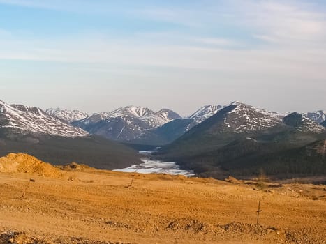 View of the nature and villages of Chukotka from the height of the helicopter.