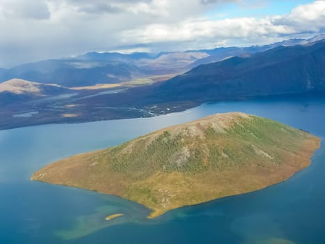 View of the nature and villages of Chukotka from the height of the helicopter.