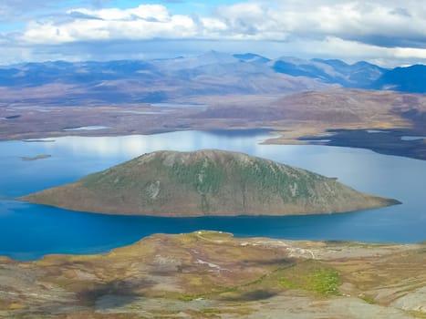 View of the nature and villages of Chukotka from the height of the helicopter.