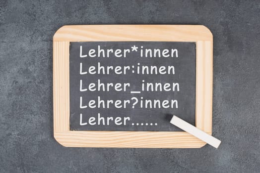 Gender language addressing female, male and diverse identity of teacher, called Lehrer in german, gender star, equity, integration and communication
