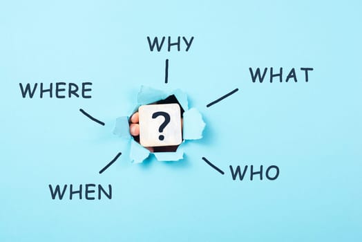 Who what where why and when, question mark, asking for solution, problem solving, education and investigation concept