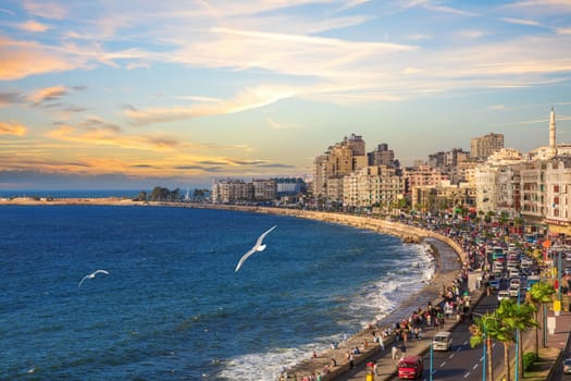 Alexandria seacoast, beautiful sunset view of the Mediterranean sea, Egypt.