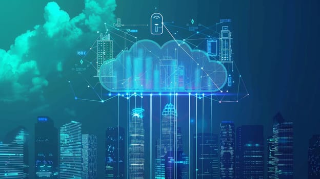 This image delves into the realm of next-generation connectivity, showcasing the intricate web of 5G wireless networks, high-speed internet, and cloud computing infrastructure. It symbolizes the seamless synchronization of data storage and services in an online ecosystem, catering to various sectors including finance and smart city development.