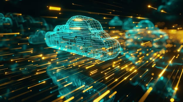 Step into the future with this captivating digital hologram, showcasing a dynamic blend of blue and golden light against a backdrop of streaming digits and code. The holographic cloud icon symbolizes the cutting-edge advancements in cloud computing and digital data flow.