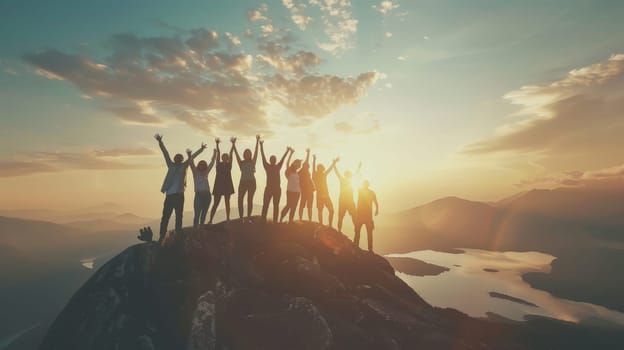 Experience the exhilarating moment as a large group of individuals revel in their triumph at the mountain peak, arms raised high in joyous celebration against a breathtaking backdrop of lakes and mountains illuminated by the setting sun.