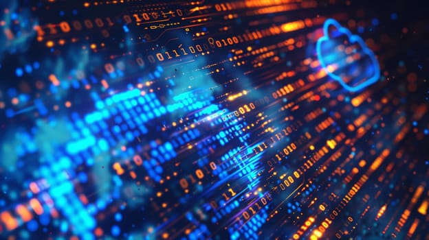 Step into the future with this captivating digital hologram, showcasing a dynamic blend of blue and golden light against a backdrop of streaming digits and code. The holographic cloud icon symbolizes the cutting-edge advancements in cloud computing and digital data flow.