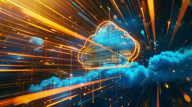 Step into the future with this captivating digital hologram, showcasing a dynamic blend of blue and golden light against a backdrop of streaming digits and code. The holographic cloud icon symbolizes the cutting-edge advancements in cloud computing and digital data flow.