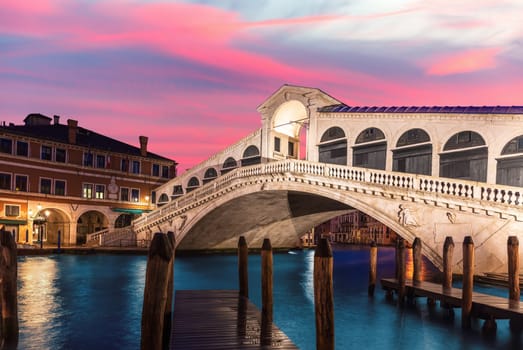 The Rialto bridge panorama at night, Venice, Italy.