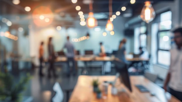 In this dynamic business environment, the hustle and bustle of an office come to life with blurred figures in casual attire, creating a sense of movement and activity. The bokeh background adds a touch of vibrancy and energy to the scene.