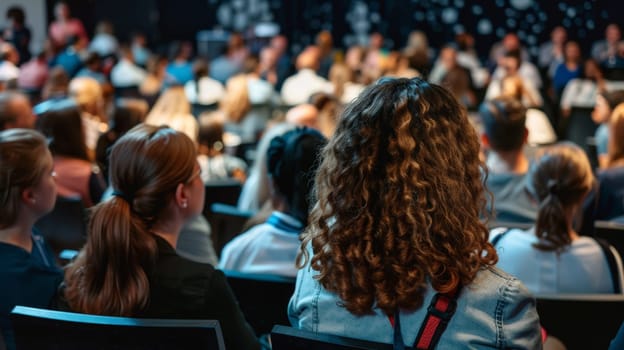 Capture the dynamic atmosphere of a business conference as the speaker delivers an engaging talk while the audience listens attentively. This photo encapsulates the essence of knowledge exchange and professional networking in a conference hall setting.