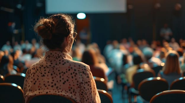 Capture the dynamic atmosphere of a business conference as the speaker delivers an engaging talk while the audience listens attentively. This photo encapsulates the essence of knowledge exchange and professional networking in a conference hall setting.