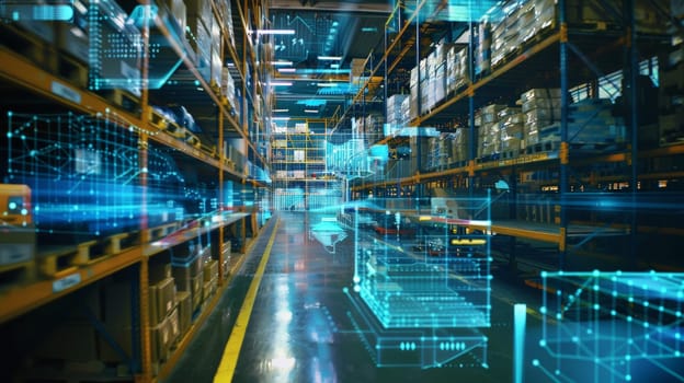 Experience the future of retail logistics with this innovative depiction of Industry 4.0 processes in a digitalized and visualized warehouse setting. Witness the seamless analysis of goods through cutting-edge technology and advanced automation.