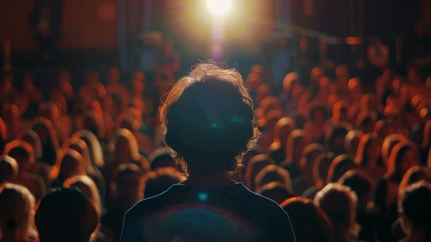 Capture the dynamic atmosphere of a business conference as the speaker delivers an engaging talk while the audience listens attentively. This photo encapsulates the essence of knowledge exchange and professional networking in a conference hall setting.