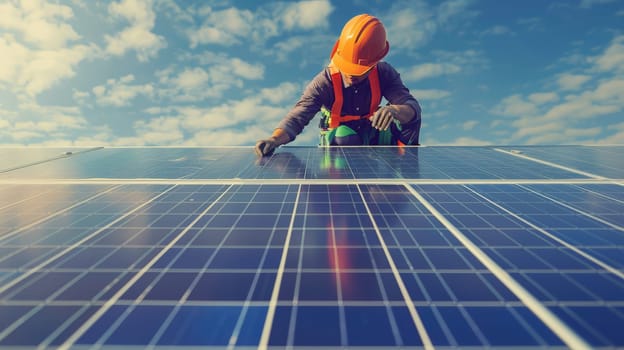 Witness the transformation towards sustainable energy as a solar power engineer meticulously installs solar panels on the roof. This image represents the shift towards alternative renewable green energy, showcasing the dedication of electrical technicians in advancing environmental sustainability.