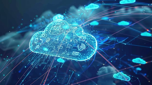 This image delves into the realm of next-generation connectivity, showcasing the intricate web of 5G wireless networks, high-speed internet, and cloud computing infrastructure. It symbolizes the seamless synchronization of data storage and services in an online ecosystem, catering to various sectors including finance and smart city development.