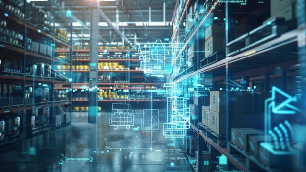 Experience the future of retail logistics with this innovative depiction of Industry 4.0 processes in a digitalized and visualized warehouse setting. Witness the seamless analysis of goods through cutting-edge technology and advanced automation.