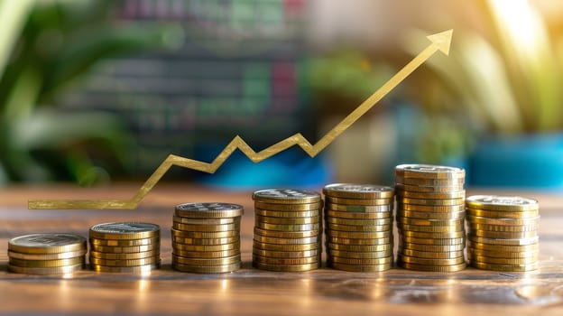 Witness the visual representation of business success with a stack of coins ascending alongside a graph chart depicting growth. This image symbolizes the prosperous outcomes of strategic marketing efforts and financial investments.