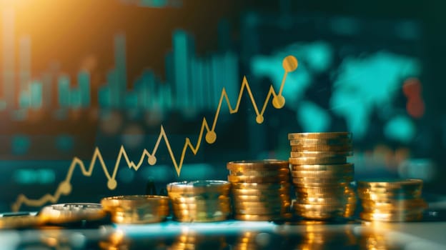 Witness the visual representation of business success with a stack of coins ascending alongside a graph chart depicting growth. This image symbolizes the prosperous outcomes of strategic marketing efforts and financial investments.