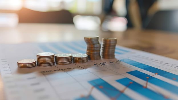 Witness the visual representation of business success with a stack of coins ascending alongside a graph chart depicting growth. This image symbolizes the prosperous outcomes of strategic marketing efforts and financial investments.