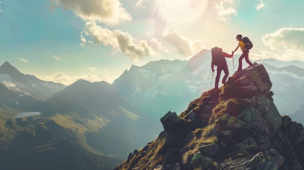 In this empowering scene, a hiker extends a helping hand to their friend, aiding them in conquering the majestic mountain peak. Together, they epitomize camaraderie, resilience, and triumph amidst nature's grandeur.