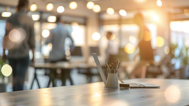 In this dynamic business environment, the hustle and bustle of an office come to life with blurred figures in casual attire, creating a sense of movement and activity. The bokeh background adds a touch of vibrancy and energy to the scene.
