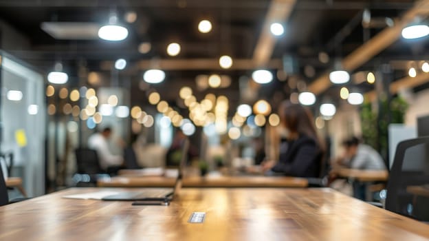 In this dynamic business environment, the hustle and bustle of an office come to life with blurred figures in casual attire, creating a sense of movement and activity. The bokeh background adds a touch of vibrancy and energy to the scene.