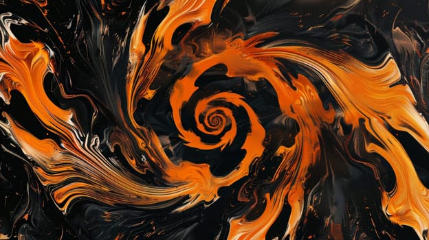 Dive into a fiery dance of swirling textures, where black and orange collide in a mesmerizing spectacle. This abstract composition unveils the dynamic motion of fingers crafting intricate patterns, evoking a sense of intensity and energy.