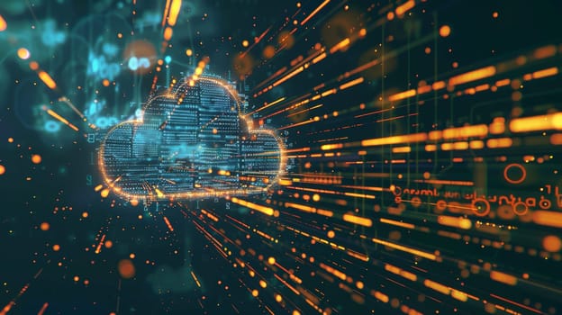 Step into the future with this captivating digital hologram, showcasing a dynamic blend of blue and golden light against a backdrop of streaming digits and code. The holographic cloud icon symbolizes the cutting-edge advancements in cloud computing and digital data flow.