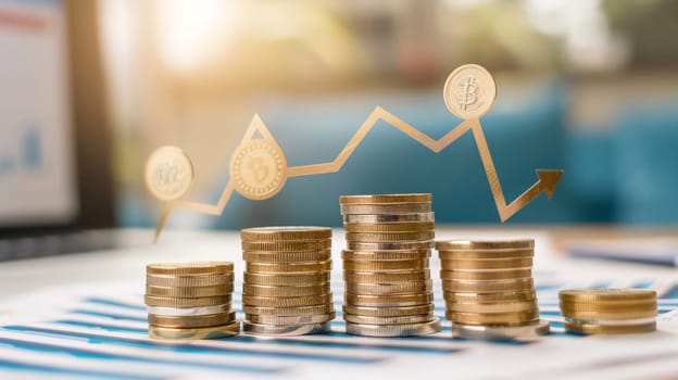 Witness the visual representation of business success with a stack of coins ascending alongside a graph chart depicting growth. This image symbolizes the prosperous outcomes of strategic marketing efforts and financial investments.