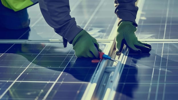 Witness the transformation towards sustainable energy as a solar power engineer meticulously installs solar panels on the roof. This image represents the shift towards alternative renewable green energy, showcasing the dedication of electrical technicians in advancing environmental sustainability.