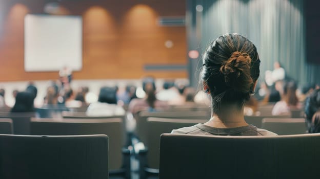 Capture the dynamic atmosphere of a business conference as the speaker delivers an engaging talk while the audience listens attentively. This photo encapsulates the essence of knowledge exchange and professional networking in a conference hall setting.