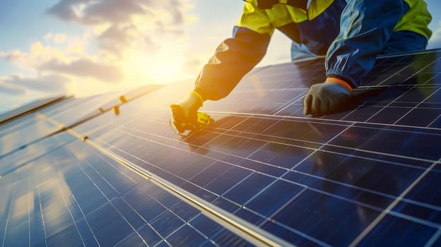Witness the transformation towards sustainable energy as a solar power engineer meticulously installs solar panels on the roof. This image represents the shift towards alternative renewable green energy, showcasing the dedication of electrical technicians in advancing environmental sustainability.
