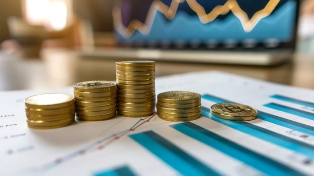 Witness the visual representation of business success as a stack of coins ascends alongside an upward trending graph chart, symbolizing growth and prosperity in the realm of business marketing. This powerful image encapsulates the essence of financial progress and strategic advancement.