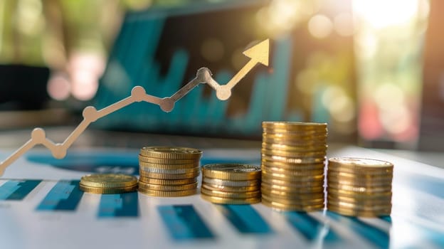 Witness the visual representation of business success as a stack of coins ascends alongside an upward trending graph chart, symbolizing growth and prosperity in the realm of business marketing. This powerful image encapsulates the essence of financial progress and strategic advancement.