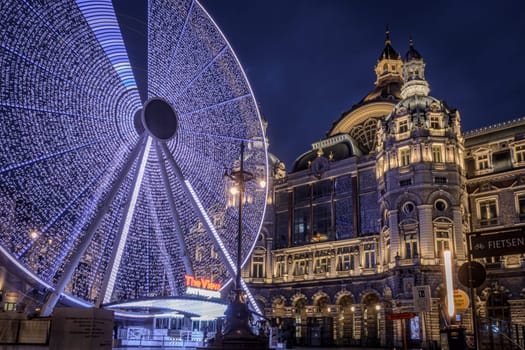 Antwerp, Belgium, March 21st 2024: The View ferris wheel on NMBS Central Railwaystation on Queen Astrid Square in Antwerp.