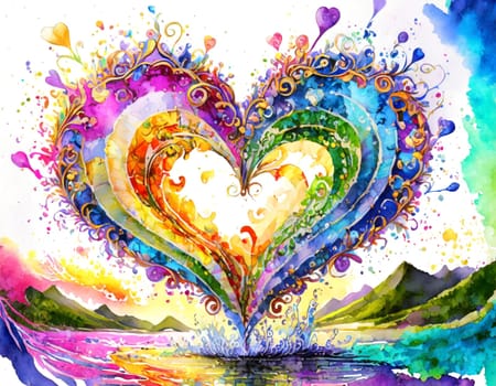 Ornate heart with rainbow colors in baroque style over water with mountains in the background.