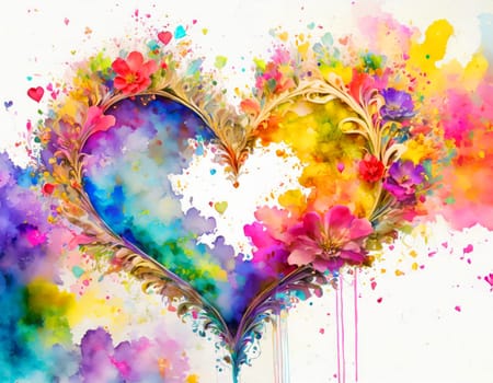 Colorful watercolor heart with flowers.