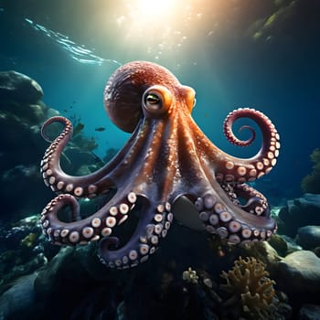 deep sea octopus embedded in a rugged sub aqueous scenery