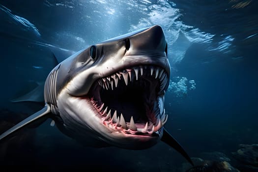 goblin shark mid hunt in deep ocean sea