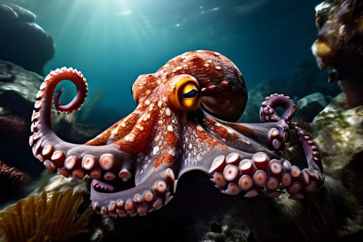 deep sea octopus embedded in a rugged sub aqueous scenery