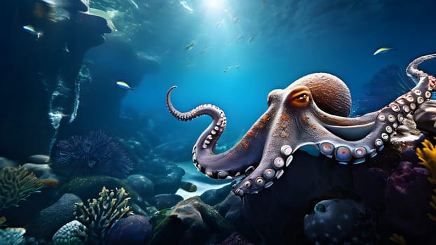 deep sea octopus embedded in a rugged sub aqueous scenery