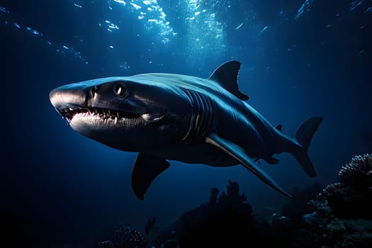 goblin shark mid hunt in deep ocean sea