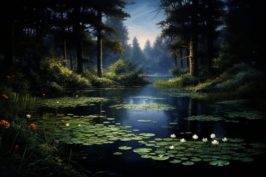Tranquil pond reflecting the beauty of its surroundings. Generative AI