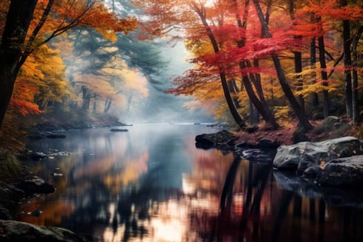 Tranquil River Reflecting Autumn Foliage. Generative AI
