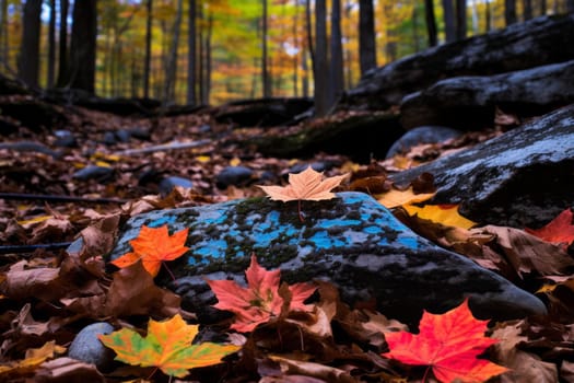 Autumn leaves on the ground in a forest. Generative AI