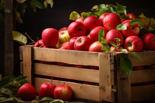 Wooden crate filled with freshly picked apples. Generative AI