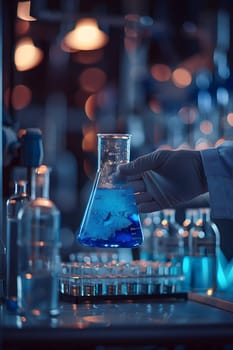 Scientist must always wear protective equipment such as gloves or gown in the laboratory with a light background. Ideal for concepts related to medical research or safety in chemical laboratory work.