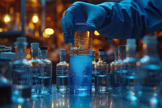 Scientist must always wear protective equipment such as gloves or gown in the laboratory with a light background. Ideal for concepts related to medical research or safety in chemical laboratory work.