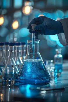 Scientist must always wear protective equipment such as gloves or gown in the laboratory with a light background. Ideal for concepts related to medical research or safety in chemical laboratory work.